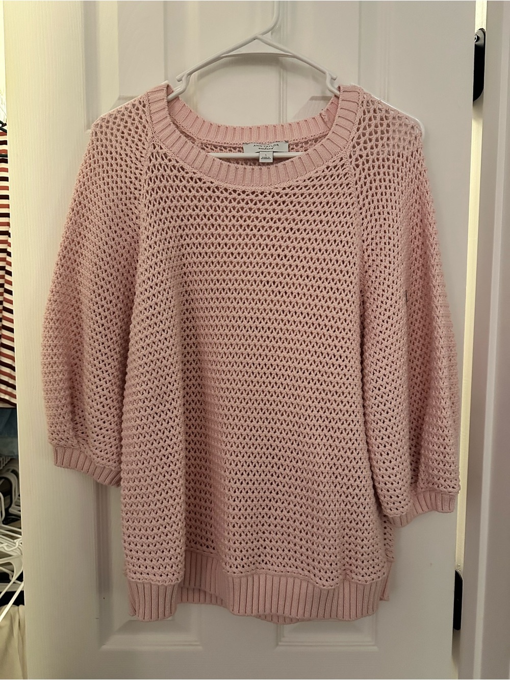 Ann Taylor Pale Pink Open Weave Crewneck Sweater
